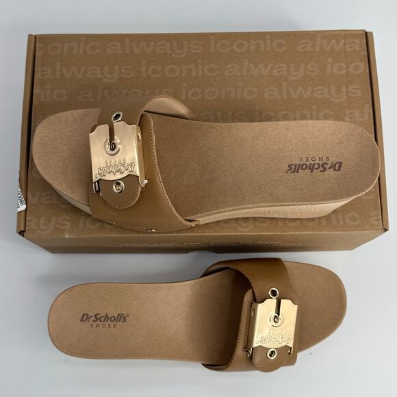 NEW Dr. Scholls Original Life Slide Sandals Size 9 Warm Tan Leather Wedge Heels - Picture 2 of 8